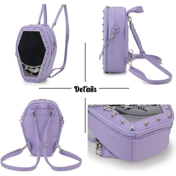 Gothic Coffin Shaped Handbag for Women Halloween Shoulder Bag Purple Backpack - Picture 4 of 9